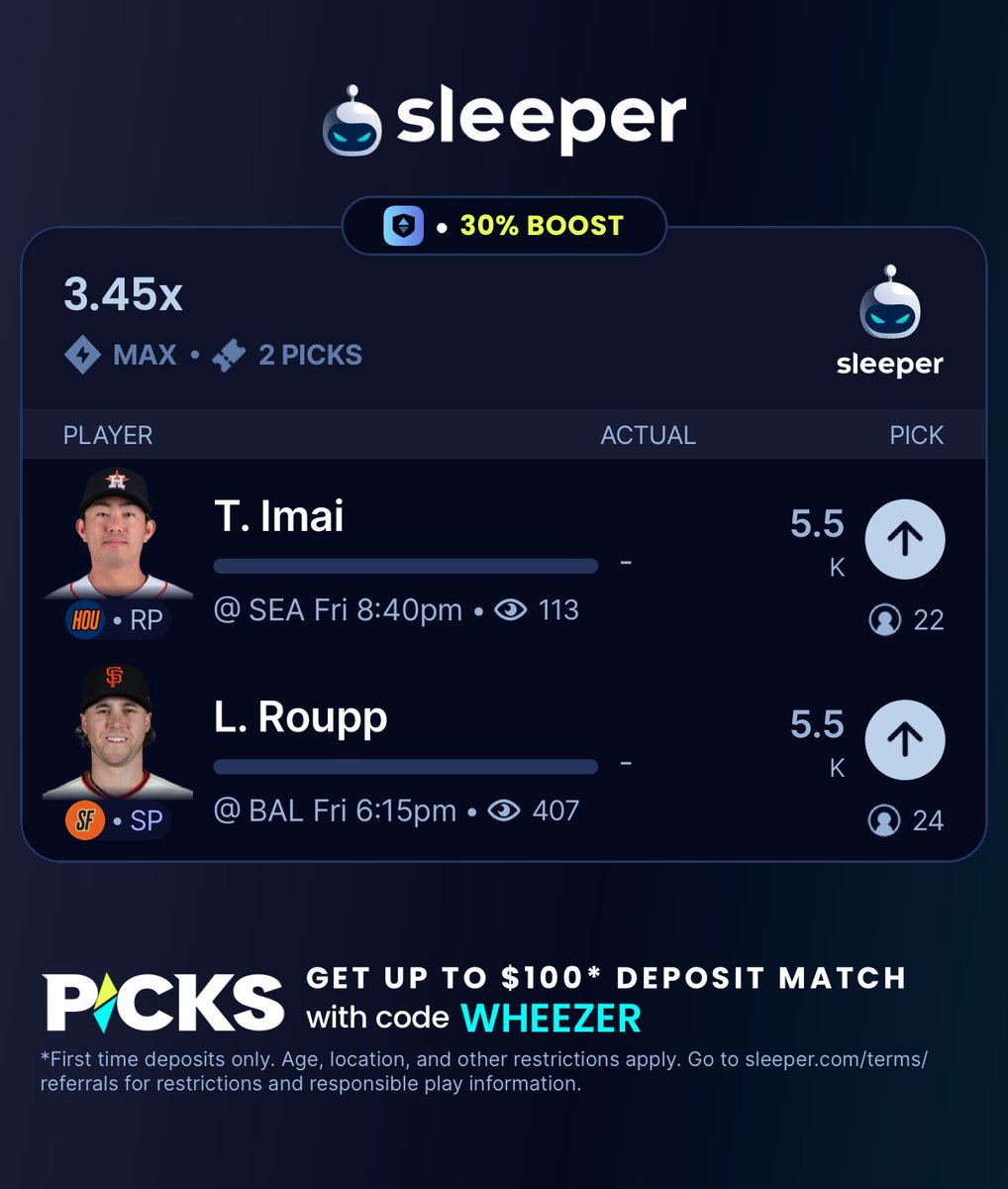 WheezerLocks's tweet image. SLEEPER BOOST🚨

Using the boost on this 2 MAN K slip! 

Imai o5.5Ks🔒
Roupp o5.5Ks🔒

#SFGiants #ChaseTheFight #MLB #Gambling𝕏
