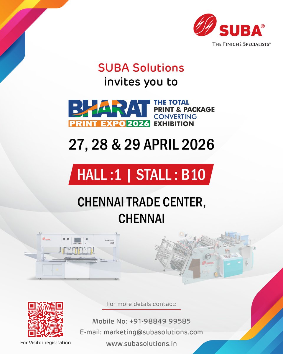 Join Suba Solutions at Hall 1, Stall B10 and explore our advanced machinery.

📅 27–29 April 2026
📍 Chennai Trade Centre, Chennai

For more information, contact us:
📞 +91-98849 99585
📧 marketing@subasolutions.com
🌐 subasolutions.com