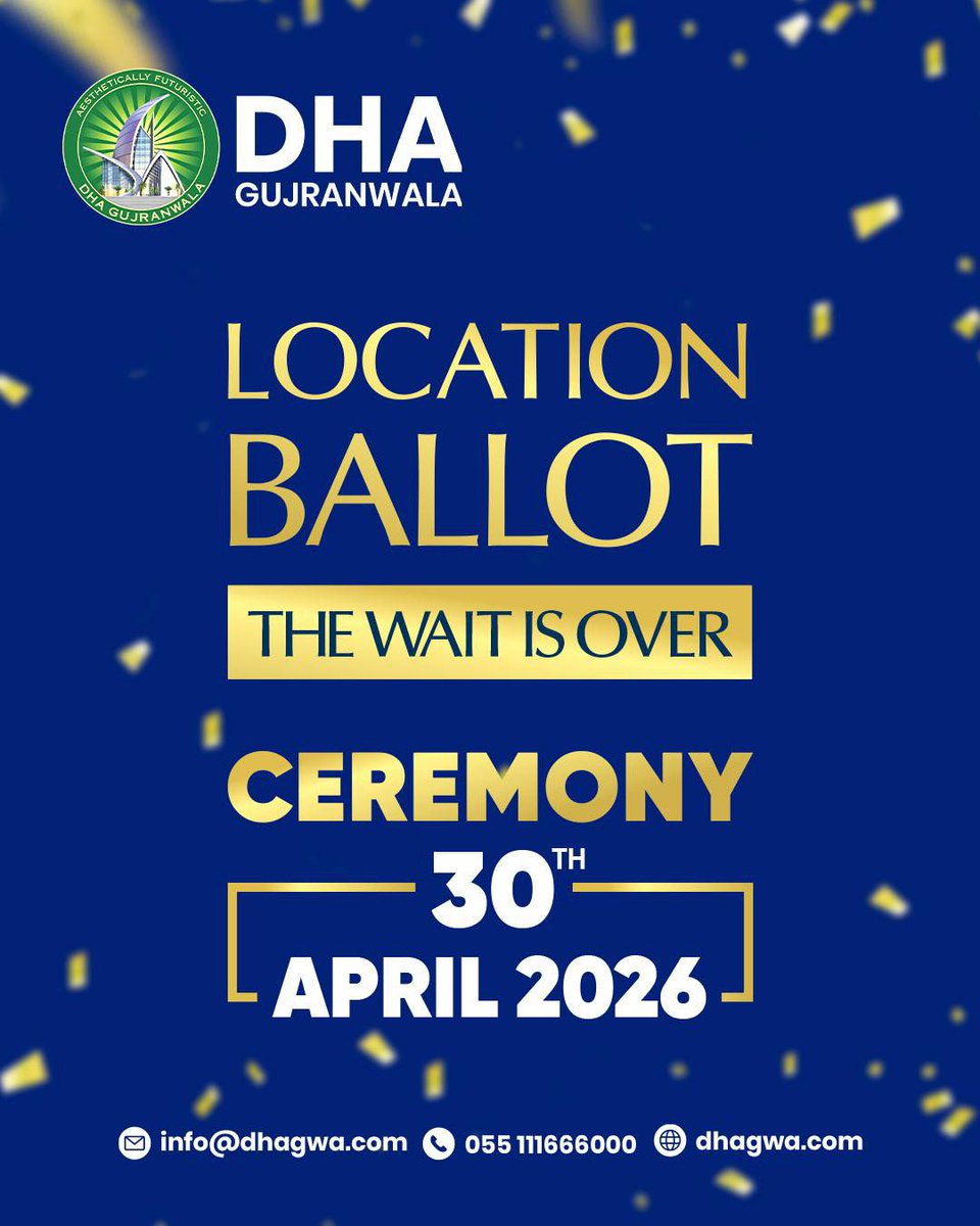 eProperty's tweet photo. DHA Gujranwala is pleased to announce that the Location Ballot Ceremony will be held on 30th April 2026. This is a landmark moment for all file holders who have been awaiting the allocation of their plots. The wait is over. Stay connected to our official channels for all updates and announcements regarding the ceremony.

UAN: +92 3 111 042 111

#itsdhagwa #DHAGWA #LocationBallot #BallotCeremony #30thApril #PlotAllocation #TheWaitIsOver #RealEstatePakistan #Gujranwala #DefenceHousingAuthority #FutureOfLiving