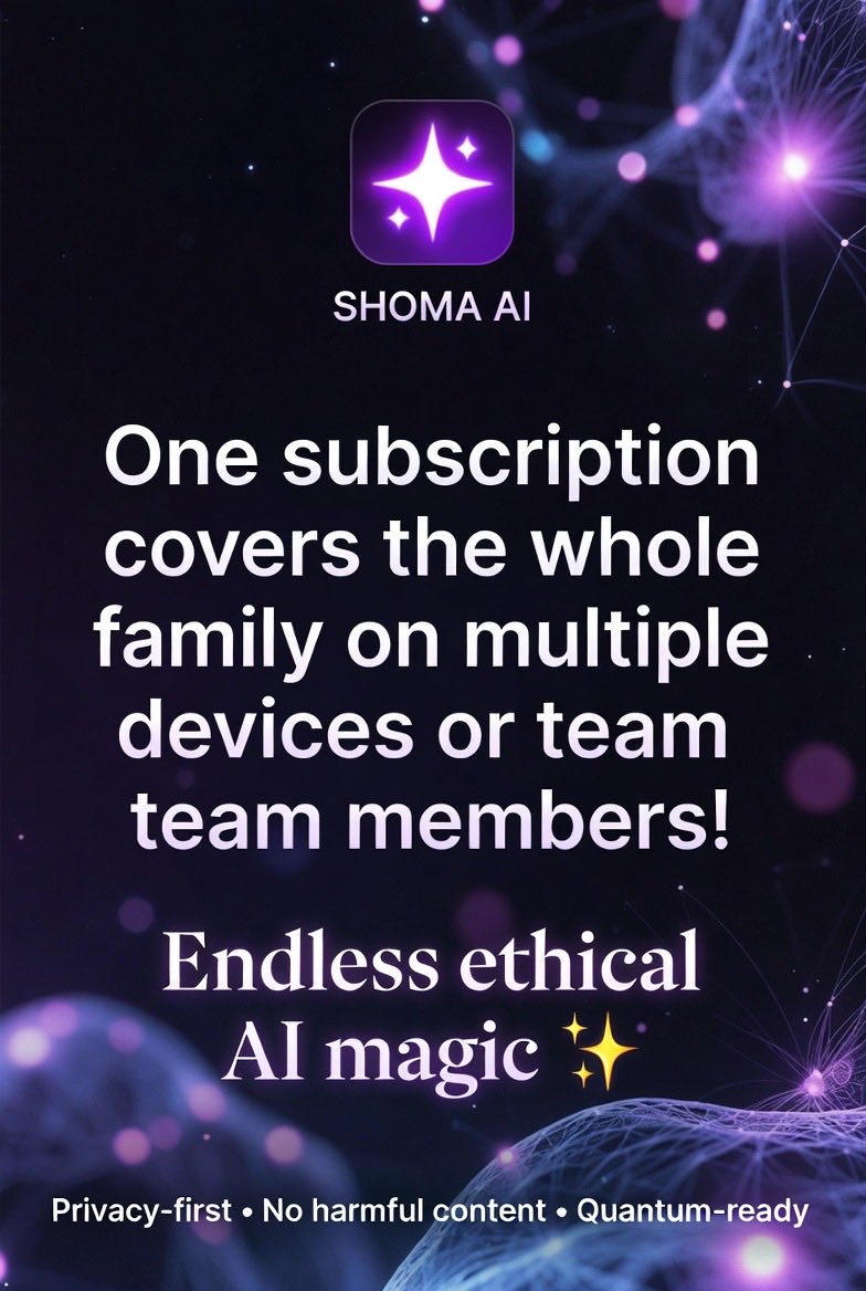 LabelsC's tweet photo. One subscription covers the whole family on multiple devices OR your entire team! ✨

SHOMA AI: ethical all-in-one AI with real-time avatar, song/video/image generation, homework help, coding, marketing and more.

Transparent pricing on Apple App Store & Google Play.

Download here 👇

App Store: https://t.co/6O6vVKjJr7
Google Play: https://t.co/VctIDwp3We

Who wants simpler AI for the whole family or team? Reply below! 

#ShomaAI #AI #FamilyAI #EthicalAI