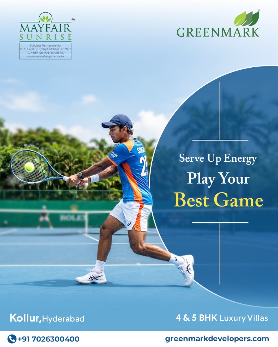 greenmarkhyd's tweet photo. Serve Up Energy, play hard, live grand. GreenMark Mayfair Sunrise serves up a tennis court for champions. Ace your day with energy, ace your game with style. Your court, your rules.

Visit https://t.co/IHe8mD92gn
for more!

#GreenmarkDevelopers #mayfairsunrise #kollur #hyderabad https://t.co/72cjCqX7gf