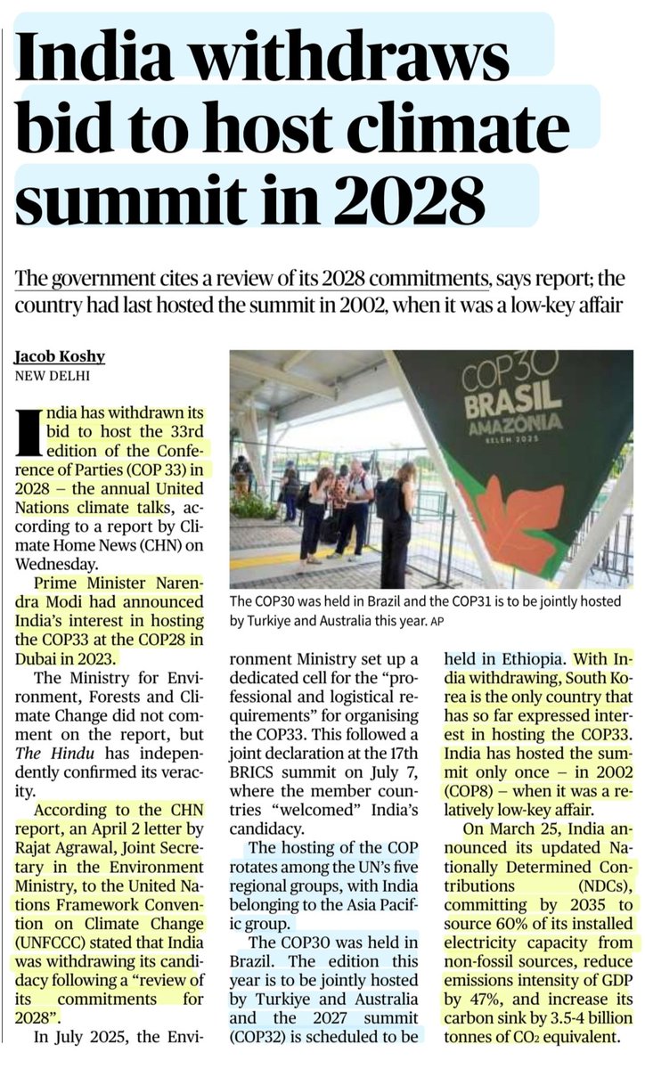 imRavikantYadav's tweet photo. India withdraws bid to host Climate summit in 2028
:Details by Mr Jacob Koshy
#India #COP23
#ClimateTargets #ClimateAction #NDCs #ParisAgreement
#Mitigation #Development #EmissionIntensity #NonFossilFuels #RenewableEnergy
#CarbonSink #Forests #Trees
#Coal
#UPSC
Source: TH https://t.co/7cGeHrIhaf