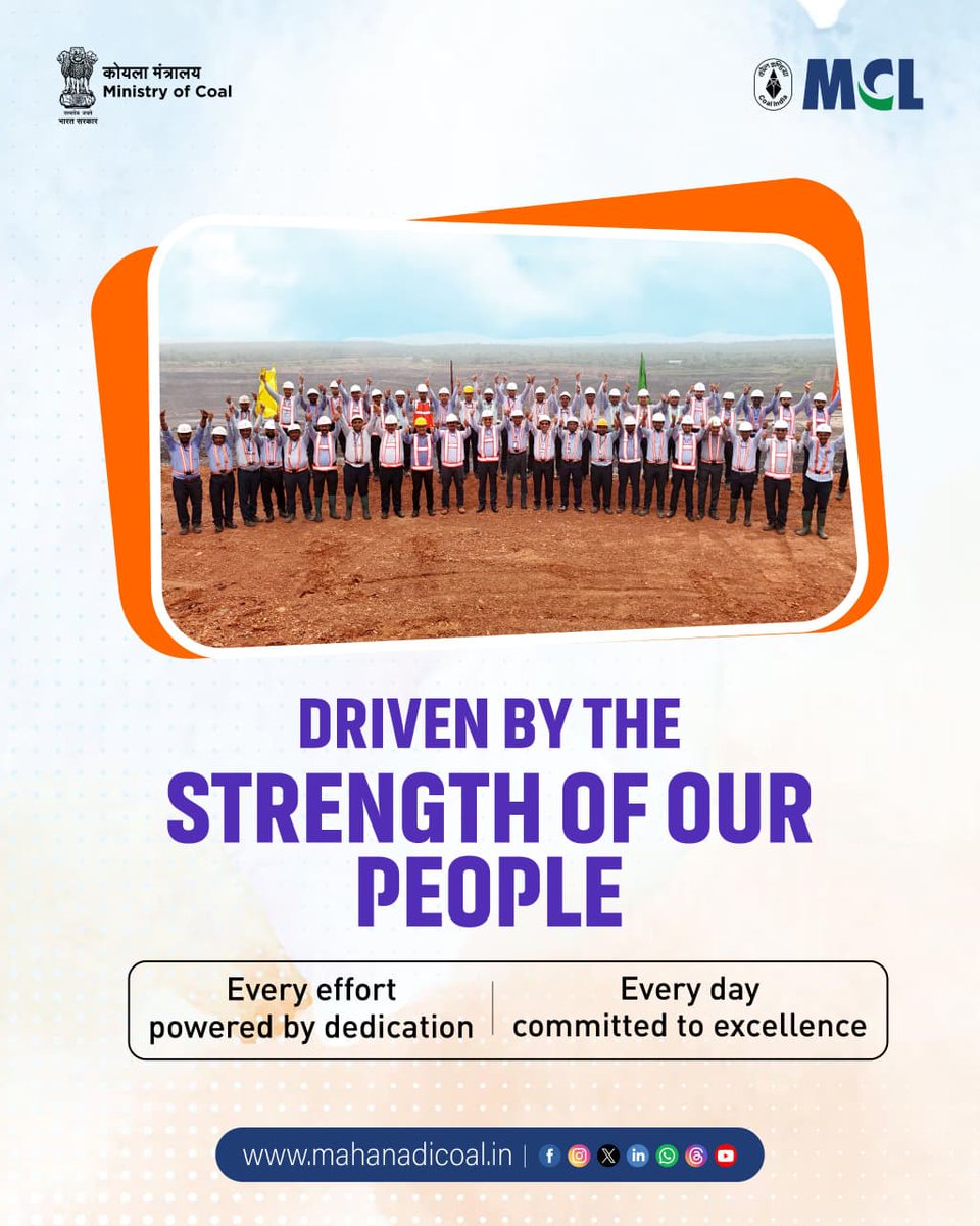 mahanadicoal's tweet photo. Powered by people, driven by commitment.
Our dedicated workforce powers progress, delivering excellence every day with unwavering commitment and teamwork.
#PeoplePower #TeamMCL #WorkforceExcellence #OperationalExcellence #MyMCL #BeyondCoal
@CoalMinistry @CoalIndiaHQ https://t.co/ZG6lgeZzpt