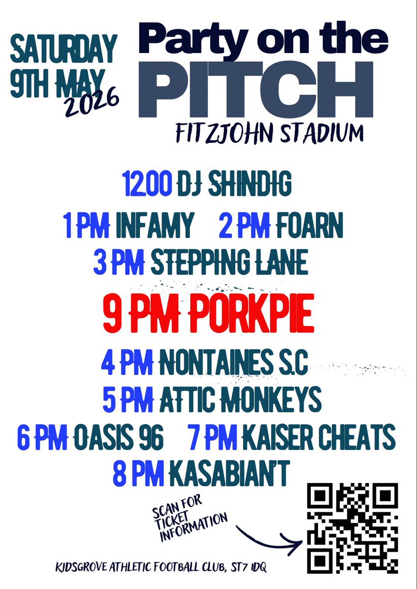OfficialKAFC's tweet photo. 🎵 PARTY ON THE PITCH 2026 🎵

🎤 FOARN – Saturday 2pm

Foarn bringing massive energy &amp; raw vibes!  Epic riffs, huge choruses &amp; Weather vibes – get ready to lose it!

Get loud at Kidsgrove! 
Who’s coming? 
🎸🎵🥁🎤🎶
#PartyOnThePitch2026 #Foarn https://t.co/KphGW73TjZ