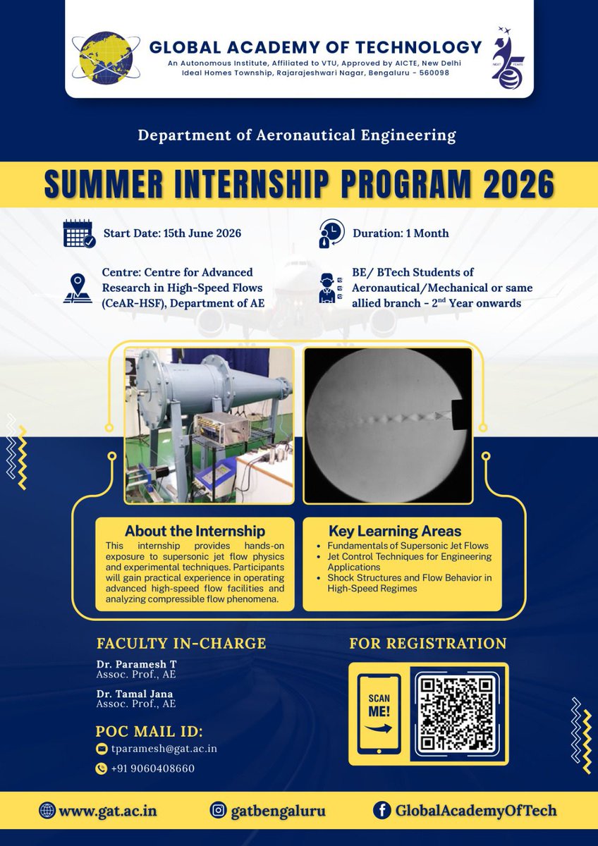 ArrowSpaceEngg's tweet image. 🚀 Summer Internship Program 2026 | Aeronautical Engineering @ GAT Bengaluru

#aeronauticalengineering #internship2026 #summerinternship #gatbengaluru #engineeringstudents #research #supersonic #aerodynamics #internshipopportunity #studentlife