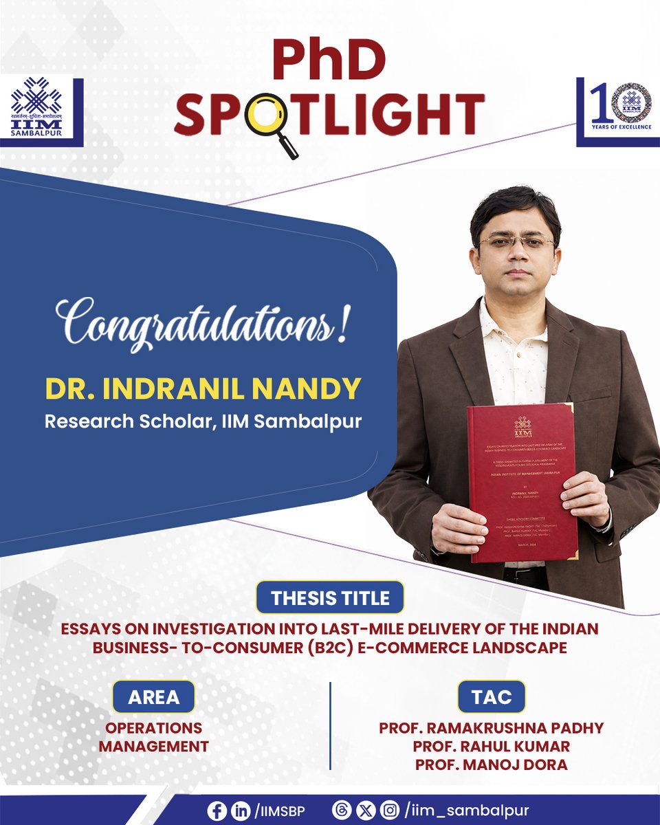 iim_sambalpur's tweet photo. Congratulations to Dr. Indranil Nandy, #ResearchScholar #IIMSambalpur on the successful defence of his #DoctoralThesis.
#Thesis Title: Essays on Investigation into Last-Mile Delivery of the Indian Business-to-Consumer (B2C) E-commerce Landscape
Area: #OperationsManagement
#PhD https://t.co/JoWgIlYKbi