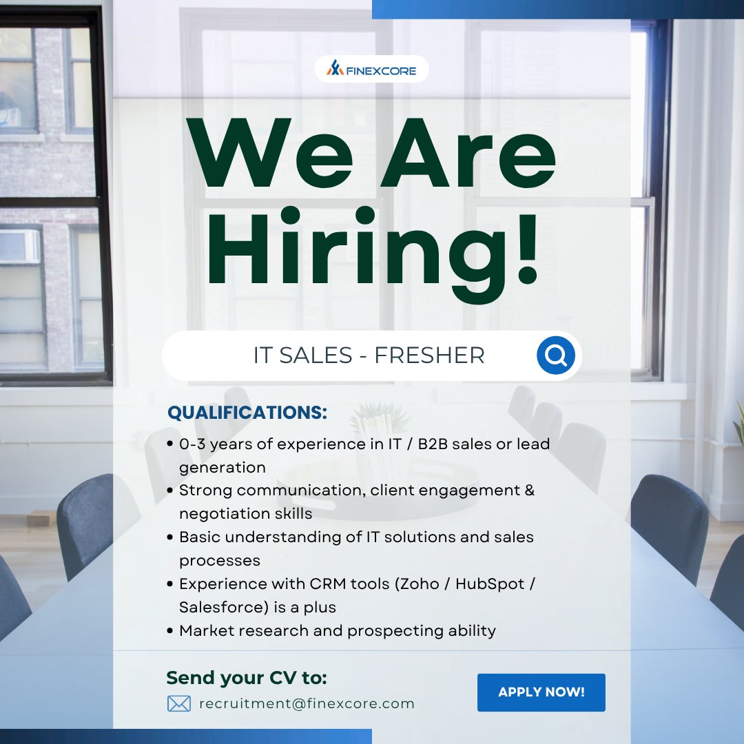 finexcore's tweet photo. FINEXCORE is hiring!
📍 Location: Hyderabad (WFO - 5 Days)
📈 Experience: 0 -3 Years
⏳ Immediate joiners preferred
📩 Send your resume with the subject: Application for IT Sales - Freshers
recruitment@finexcore.com | https://t.co/E8hZG183Os
#FINEXCORE #Hiring #ITSales #B2BSales https://t.co/czoZ9TKb4h