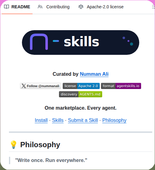 Agent skills marketplace GitHub repo: "One marketplace. Every agent." with Apache 2.0 license, agentskills.io format, AGENTS.md discovery