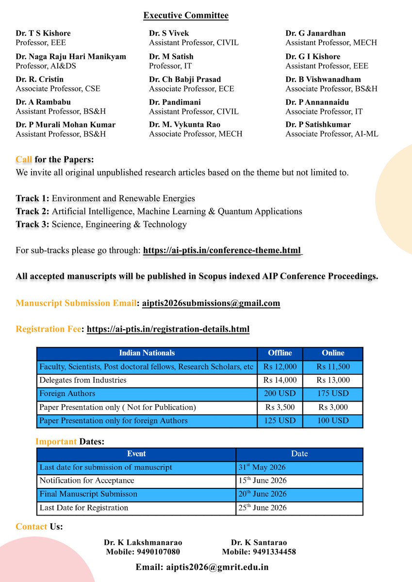 2nd International Conference on AI Powered Technology Integration for Sustainability (AI-PTIS-2026) to be held on **July 3rd &amp; 4th, 2026** in hybrid mode. 🌍✨

🔗 Visit: ai-ptis.in

#gmritdu #gmritdeemedtobeuniversity
#AI #Conference2026 #GenAI #QuantumTech #GMRIT