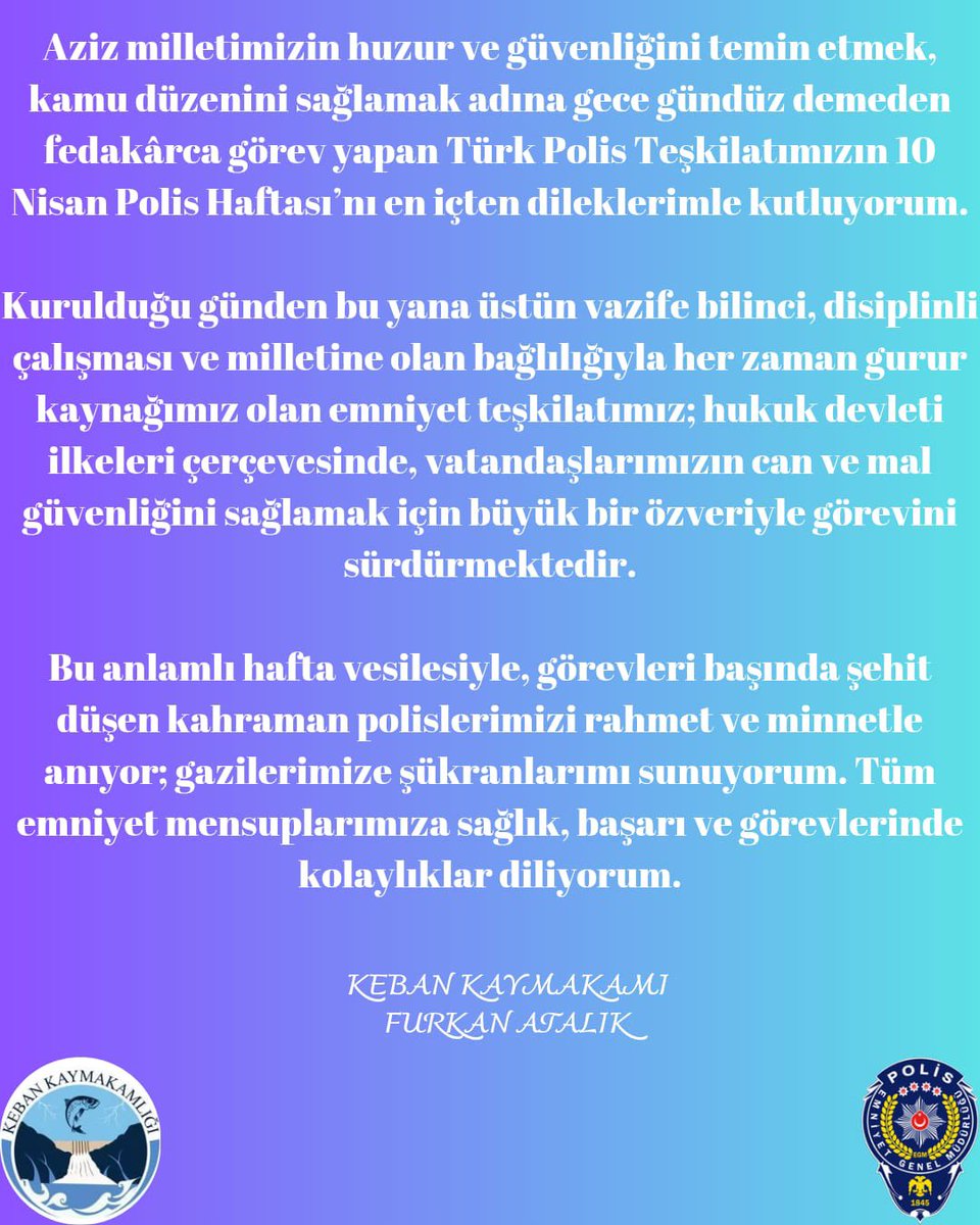 6 Nisan  - 12 Nisan Polis Haftası Kutlu olsun.