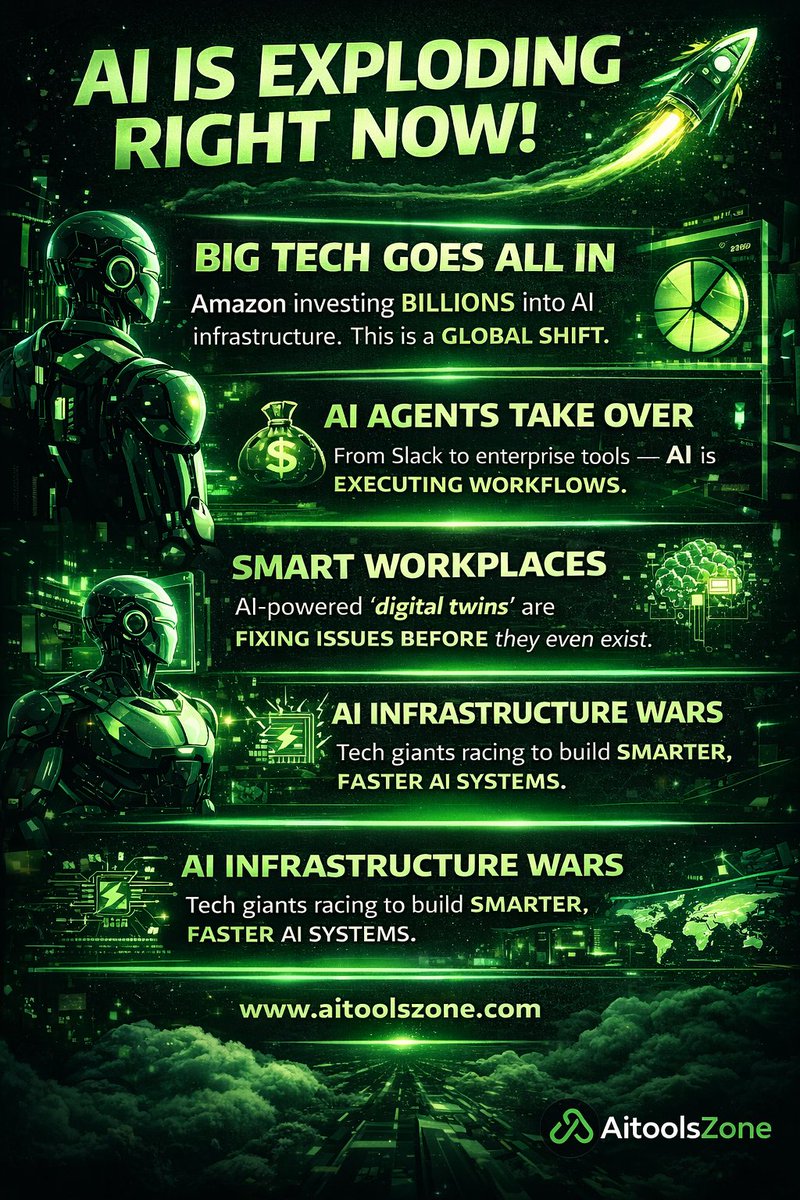 Aitoolszones's tweet photo. AI is evolving faster than ever — and the shift is impossible to ignore.

This week highlights a major turning point:
💰 Massive investments in AI infrastructure
🤖 AI agents moving from support to execution
🧠 Smart workplaces powered by predictive intelligence
⚡ Increasing competition to build next-gen AI systems
This is more than innovation — it’s a complete transformation of how businesses operate.

Organizations that adopt AI early will define the future.

🌐 Explore more insights: https://t.co/DiQRQPdWwj

#ArtificialIntelligence #AI #DigitalTransformation #FutureOfWork #Innovation #Automation #BusinessGrowth #aitoolszone #velvosoft