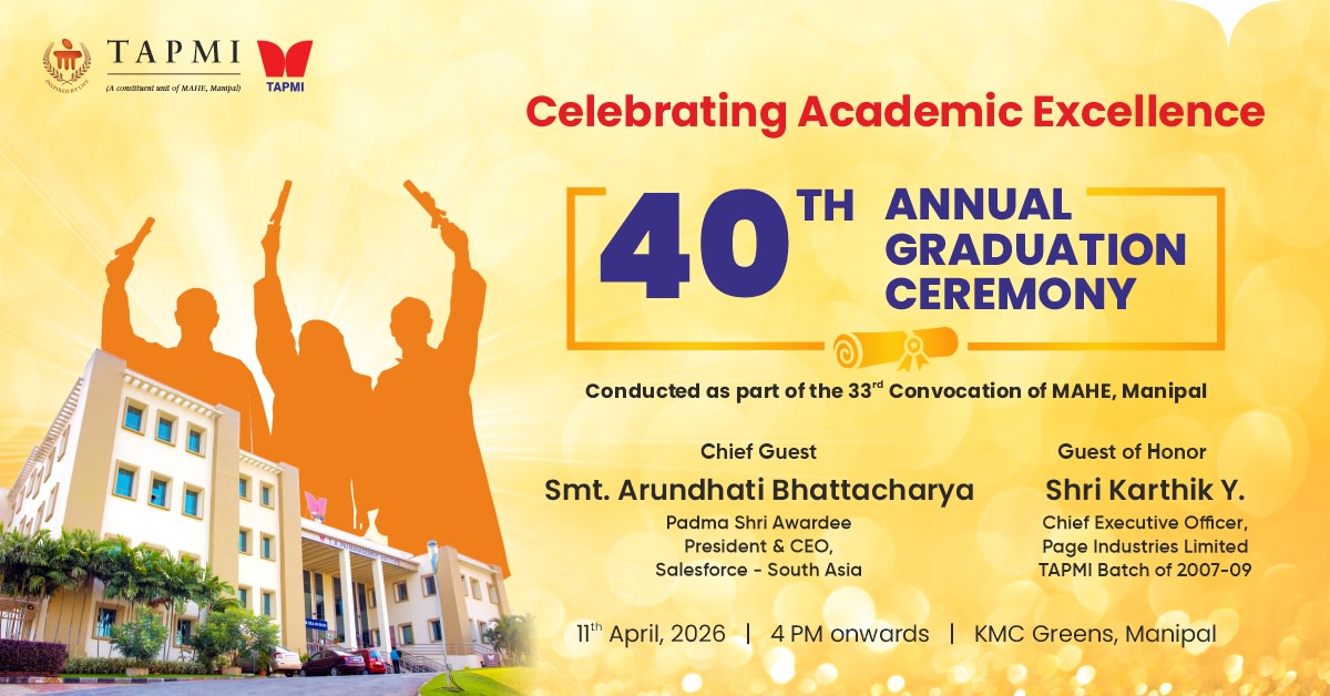 MyTAPMI's tweet photo. Celebrating Academic Excellence! Join us for the 40th Annual Graduation Ceremony on 11th April 2026 at 4 PM onwards, KMC Greens, Manipal – part of MAHE's 33rd Convocation.
Live Stream: https://t.co/e5r0aXSDtY
#TAPMI #MAHEManipal #TAPMIConvocation #Convocation2026 https://t.co/z9qGhK730L