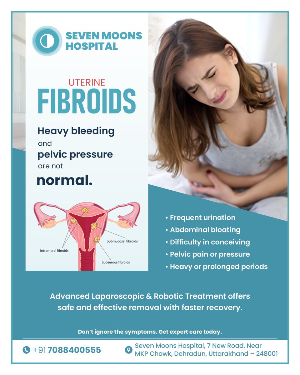 Sevenmoons0's tweet image. 🚺 Struggling with heavy periods or pelvic pain? Don’t ignore the signs!💙 Uterine Fibroids can cause:

#UterineFibroids #WomensHealth #HealthyLiving #Dehradun #GynecologyCare #FibroidAwareness #WomenWellness #HealthcareIndia #PeriodHealth #MedicalCare