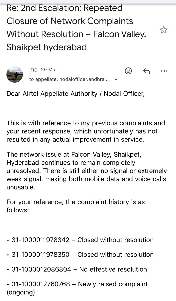 rafeeq555's tweet photo. @airtelindia @Airtel_Presence @airtelnews @TRAI @jagograhakjago @MeitY_NICSI 
Dear Airtel, tired raising tkts, emails ,calls no network signal but full bill charged still no resolution. Kindly resolve ASAP https://t.co/KROkrqNOAP