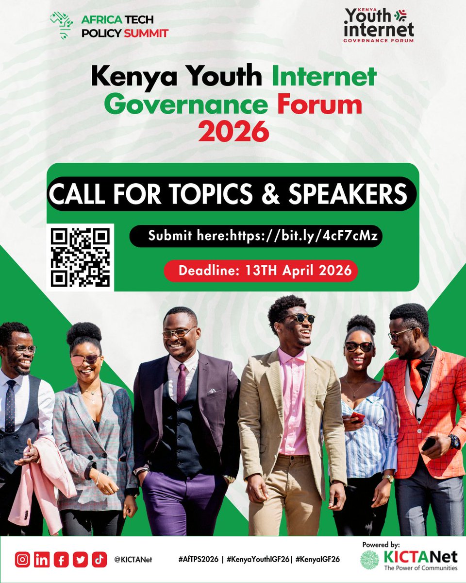 KICTANet's tweet image. Kenya’s digital future starts with YOU 🇰🇪

📢 Kenya Youth IGF 2026 is calling for:
✔ Topic proposals
✔ Speaker suggestions

Theme: Digital Future Youth

💡 Shape conversations on:
#DigitalRights #AI #Inclusion #Cybersecurity

⏳ Takes minutes. Impact lasts.

👉 Submit here: