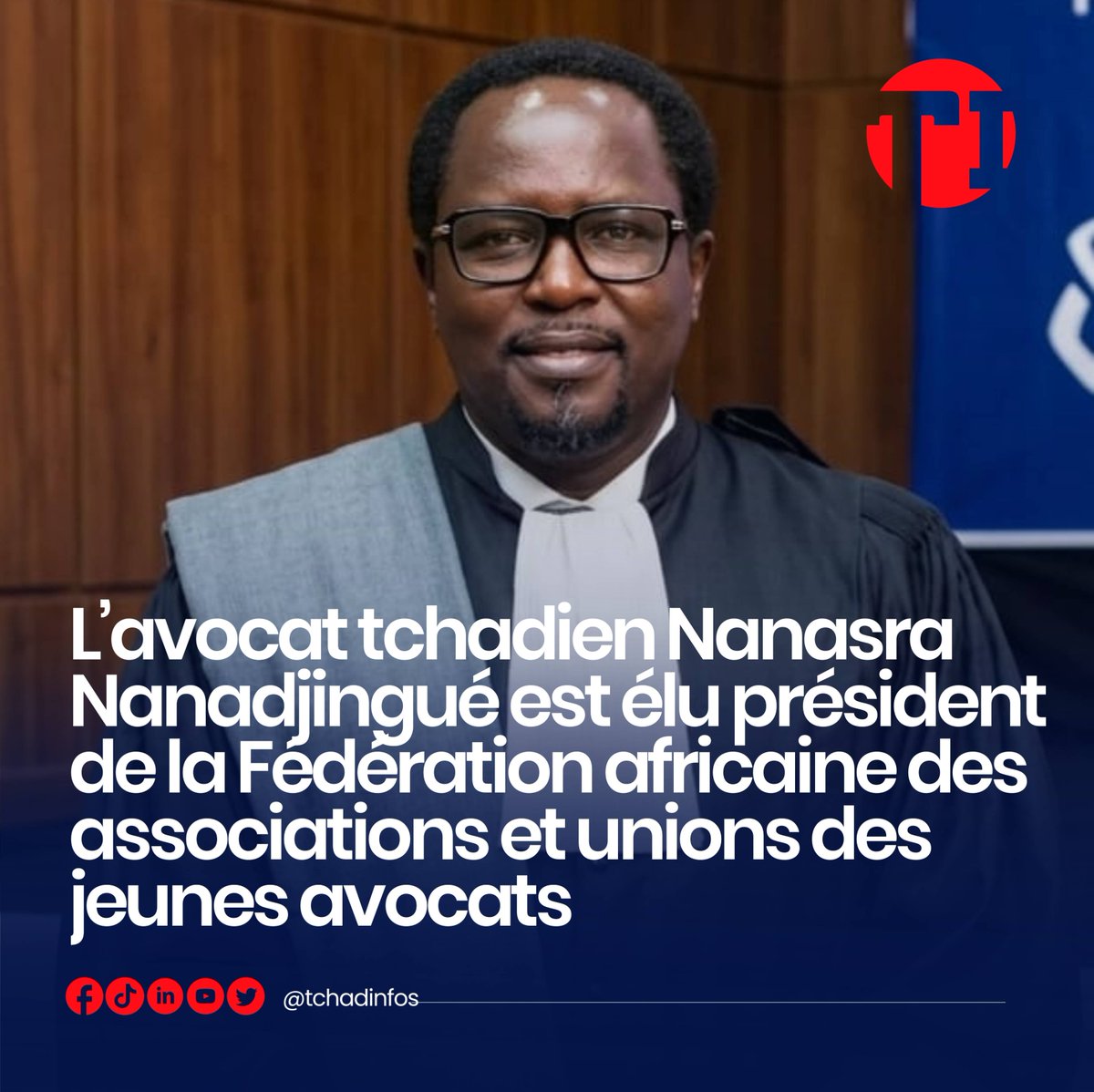 tchadinfos's tweet image. L’avocat tchadien Nanasra Nanadjingué a été élu président de la Fédération africaine des associations et unions des jeunes avocats (FA-UJA) à #Dakar 🇸🇳 . #Tchad 🇹🇩