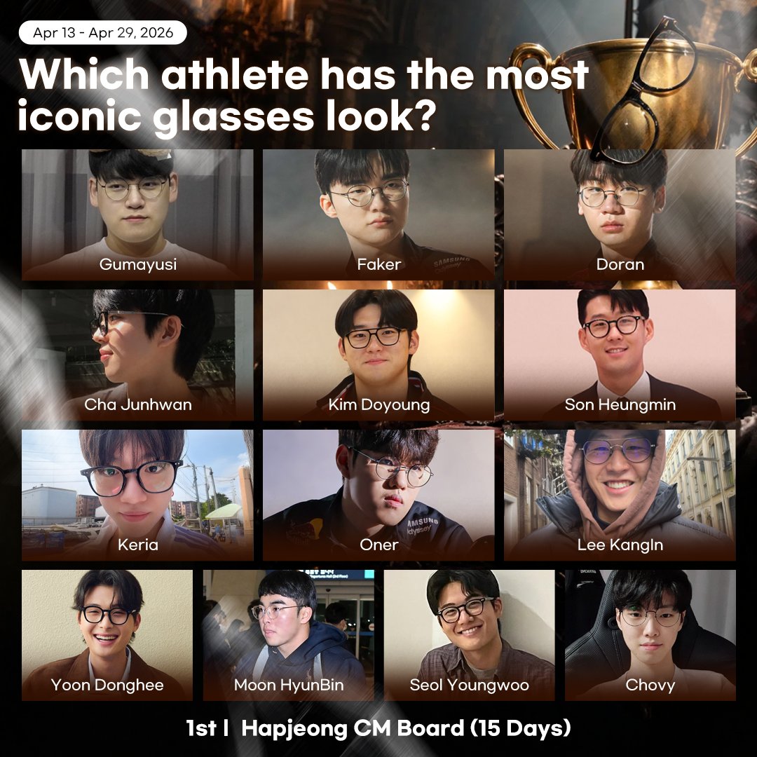 MyloveactorEn's tweet photo. 🚨 GLASSES = THE MAIN CHARACTER 🚨  
Brainy vibes + athlete physique… already over 🤓  

💗Which athlete has the most iconic glasses look?🗳️  
#Gumayusi #Faker #Doran
#ChaJunhwan #KimDoyoung #SonHeungmin
#Keria #Oner #LeeKangIn #YoonDonghee 
#MoonHyunBin #SeolYoungwoo #Chovy

🗓 Apr 13 – Apr 29  
🎁 Hapjeong Station CM Board Ad (15 days)  
📍 https://t.co/GWnlewaP6h  

🔥 Quote RT = 💗10,000 Hearts💗 (20 winners)
🏷️ #CHOEAEDOLCeleb #(BiasName) #(UserCode)

#T1 #GENG #LCK #KBO #KLeague #Sports