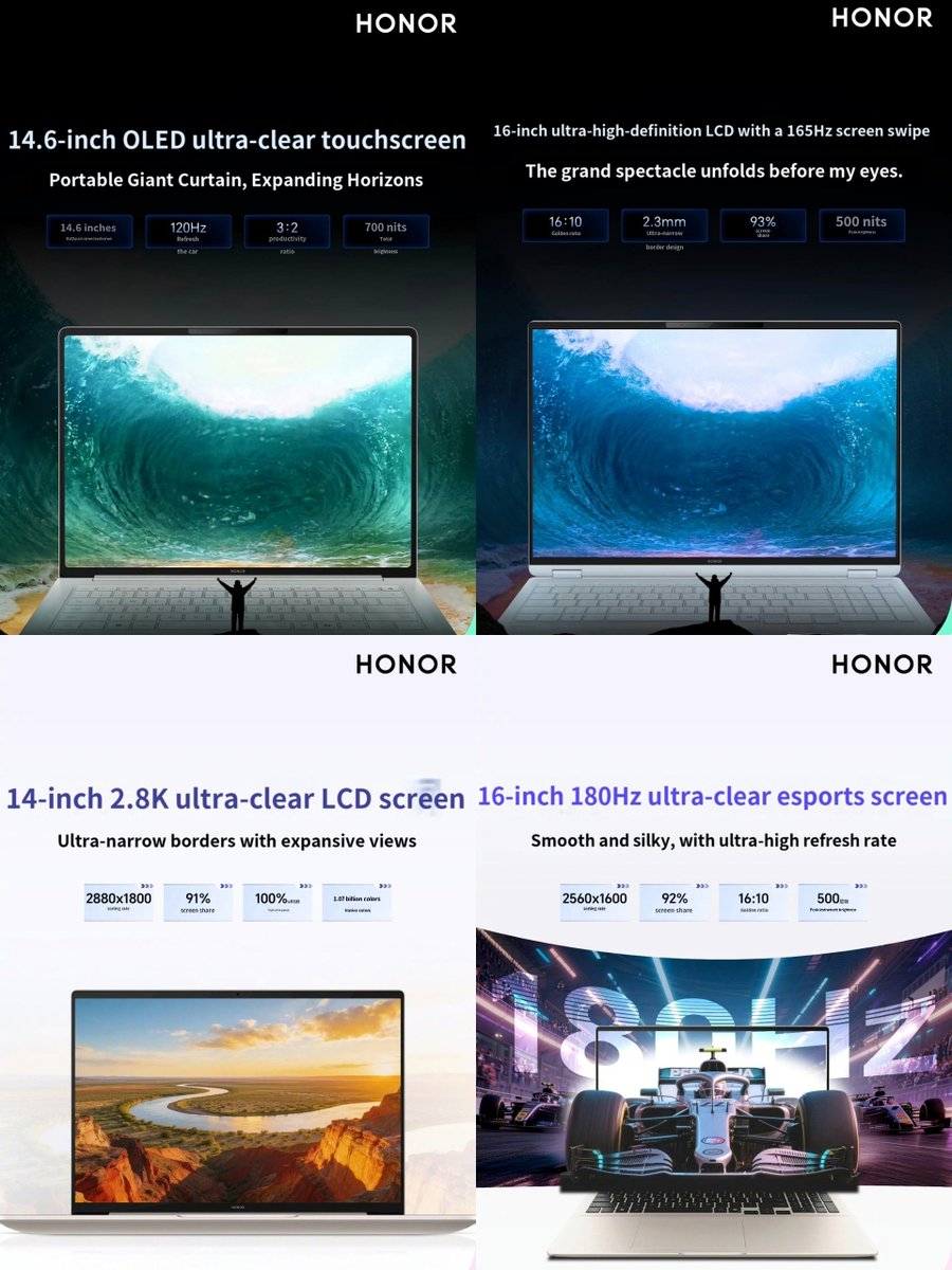 rajAnoop_'s tweet photo. ➊ Honor MagicBook Pro 14
» 14.6" 3.1K OLED Display
➋ Honor MagicBook Pro 16
» 16" 165Hz LCD Display
➌ Honor MagicBook 14
» 14" 2.8K LCD Display
➍ Honor MagicBook 16
» 16" 2.5K 180Hz LCD Display
#Honor #HonorMagicBook https://t.co/fz6Zsg3dwX