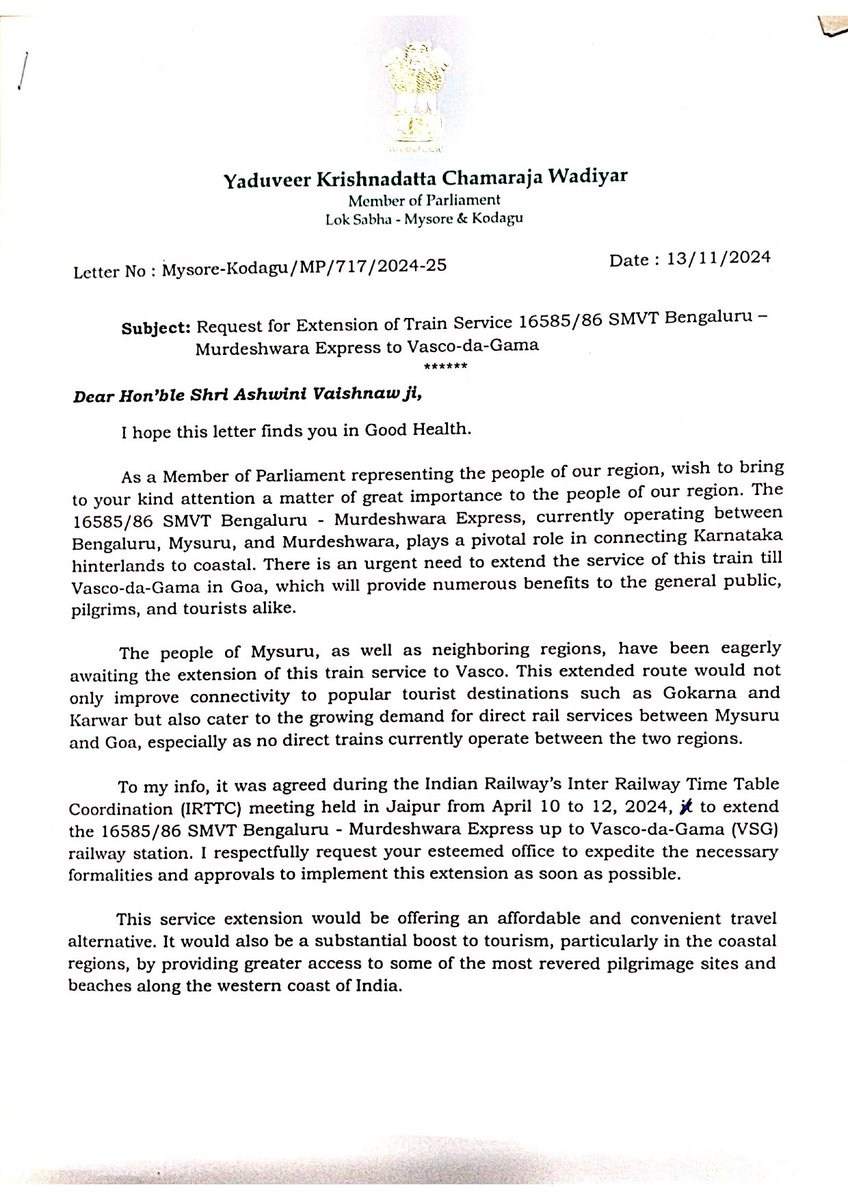 <a href="/yaduveerwadiyar/">Yaduveer Wadiyar</a> ಸರ್, ನಿಮ್ಮ ಈ ಮನವಿಗೆ ಒಂದುವರೆ ವರ್ಷ ಕಳೆಯುತ್ತಾಬಂದಿದೆ. ದಯವಿಟ್ಟು ರೈಲ್ವೆ ಅಧಿಕಾರಿಗಳಿಗೆ ನೀವು ನೀಡಿದ ಈ ಮನವಿಯನ್ನು ಶೀಘ್ರದಲ್ಲಿ ಅನುಸರಿಸಲು ಒತ್ತಾಯಿಸಿ. 
<a href="/AshwiniVaishnaw/">Ashwini Vaishnaw</a> <a href="/VSOMANNA_BJP/">V. Somanna</a> <a href="/KotasBJP/">Kota Shrinivas Poojari</a> <a href="/dkdistrictrail/">Dakshina Kannada District Railway Users</a> <a href="/drmsbc/">DRM Bengaluru</a> <a href="/PMOIndia/">PMO India</a> <a href="/DrmMys/">DRM Mysuru</a> 
#MurudeshwarExpress #VascoDaGama #Mysuru