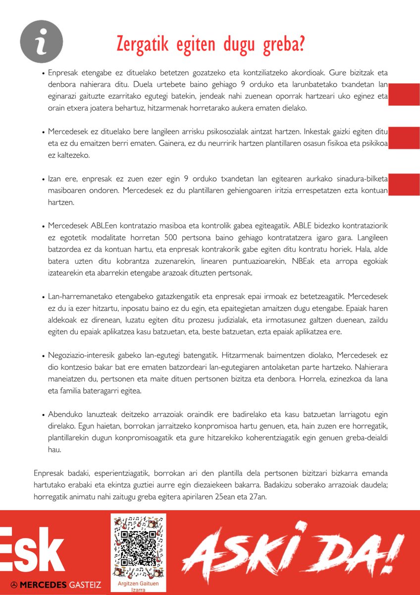 Esk_Mercedes's tweet photo. Enpresak badaki, esperientziagatik, borrokan ari den plantilla dela pertsonen bizitzari bizkarra emanda hartutako erabaki eta ekintza guztiei aurre egin diezaiekeen bakarra

Sabes que hay motivos de sobra, te animamos por ello a que hagas huelga los días 25 y 27 de Abril

#AskiDa https://t.co/lD5DGTa1sw