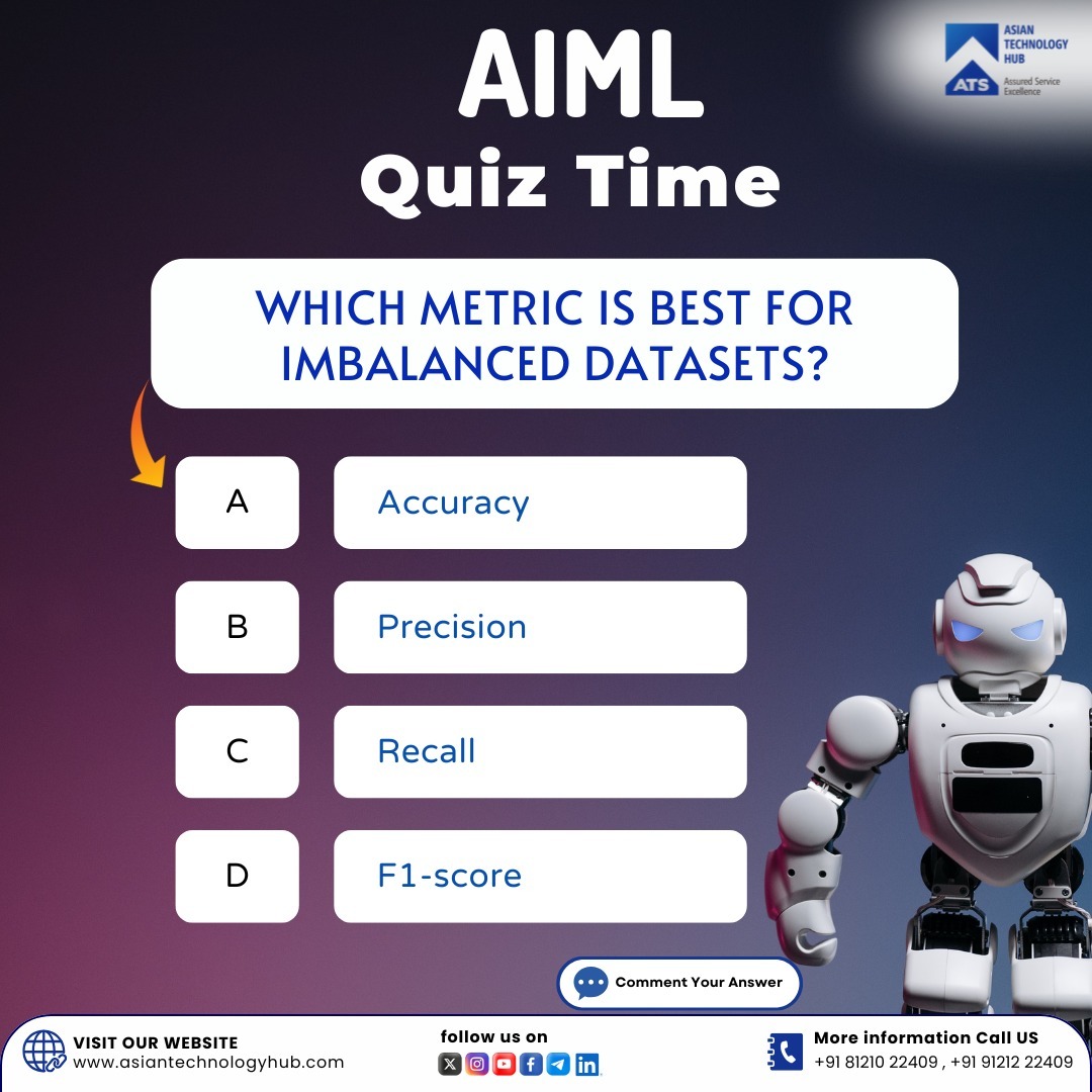 ATS_TechHub's tweet photo. 🤖 AIML Quiz Time | Asian Technology Hub

Which metric is best for imbalanced datasets? 🤔
A) Accuracy B) Precision C) Recall D) F1-Score

💬 Comment your answer!
📍 Madhapur
📞 +91 81210 22409
🌐 https://t.co/hOAdlgrX6k

#AIML #DataScience #AIQuiz https://t.co/bnAMuTba2h