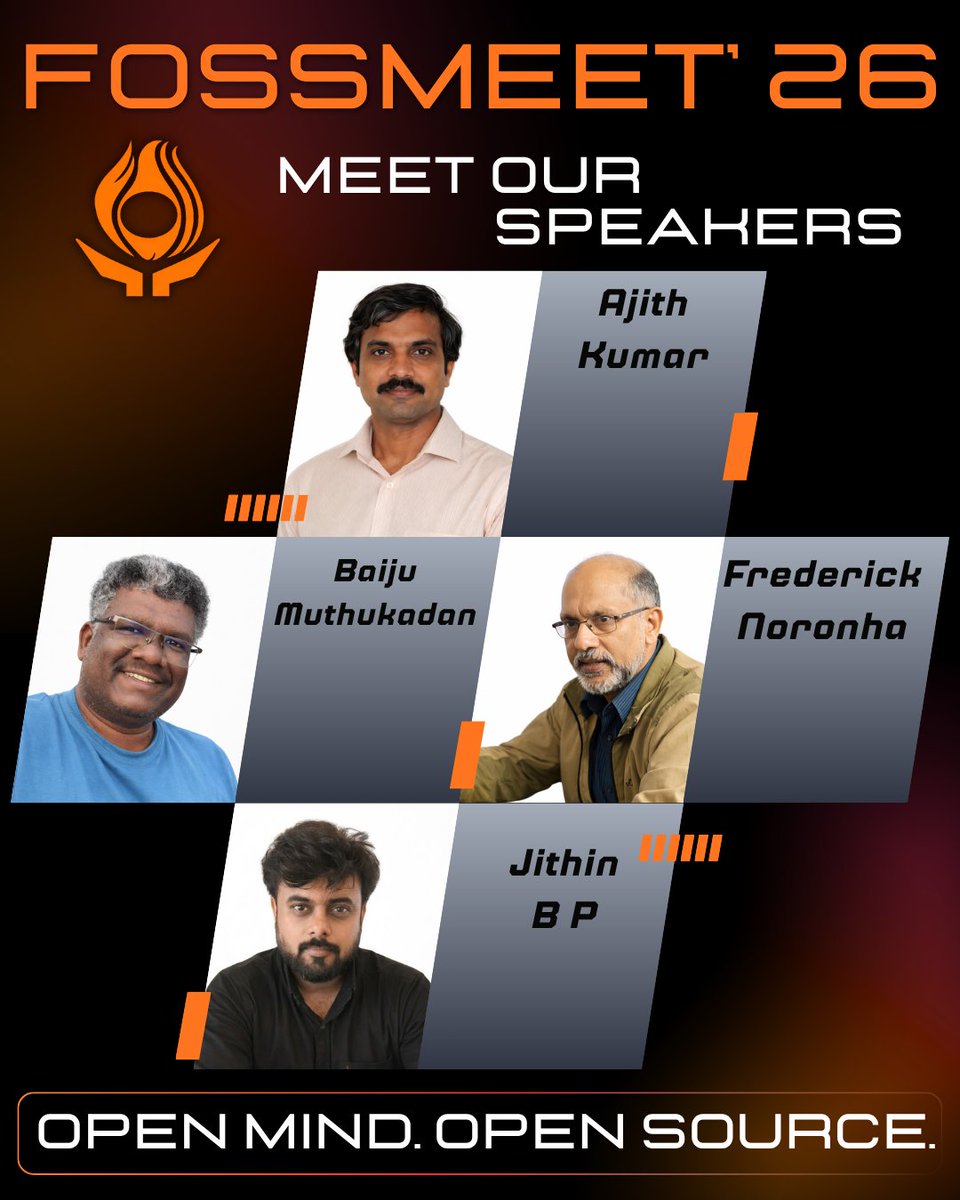 FOSSMeet'26 is here!!

Meet our speakers. The minds shaping the future of Open Source 🚀 

Register now and be part of India's longest running FOSS gathering.

fossmeet.org

#FOSSMeet #opensource #techcommunity