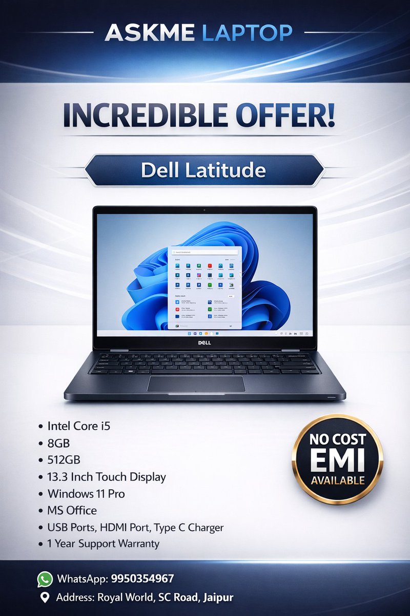 Askmelaptop's tweet image. “आज का   सबसे सस्ता Core i5 Touch Screen Laptop Deal 😱 | Dell Latitude EMI   Offer!”
Askme Laptop

9950354967
#DellLaptop #LaptopSale #BestLaptopDeal #i5Laptop #BusinessLaptop #StudentLaptop #LaptopUnderBudget #TechDeals #EMIOffer #AskmeLaptop #JaipurDeals #LaptopIndia #Used