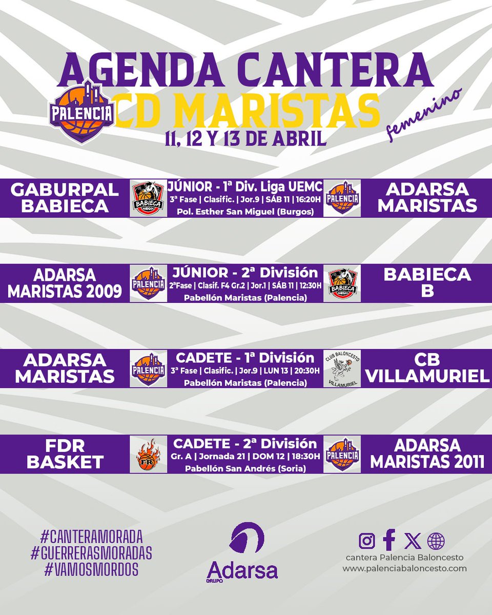 PBcantera's tweet image. #AgendaMorada | #Autonómicos

💜 Por cortesía del @grupoadarsa ofrecemos los encuentros que disputarán nuestros equipos este fin de semana

🟣 Además de la cita del fin de semana con la #F4UEMCJunior2026, tenemos hasta 14 partidos más 

#CDMaristas
#VamosMorados
#GuerrerasMoradas