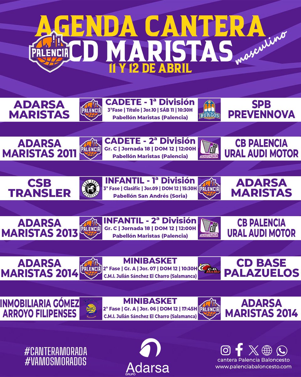PBcantera's tweet image. #AgendaMorada | #Autonómicos

💜 Por cortesía del @grupoadarsa ofrecemos los encuentros que disputarán nuestros equipos este fin de semana

🟣 Además de la cita del fin de semana con la #F4UEMCJunior2026, tenemos hasta 14 partidos más 

#CDMaristas
#VamosMorados
#GuerrerasMoradas