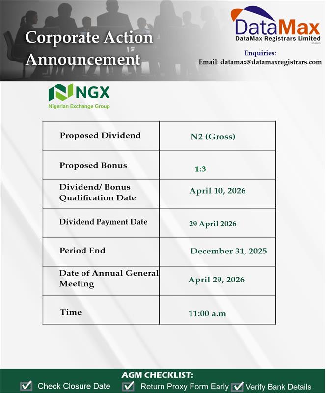 datamaxreg's tweet photo. We are pleased to announce the Corporate Action of Nigerian Exchange Group for the financial year ended 31 December 2025.

Please be informed that the Annual General Meeting is scheduled to hold on Wednesday, 29 April 2026, at 11:00 AM. https://t.co/hWoI9RcgYu