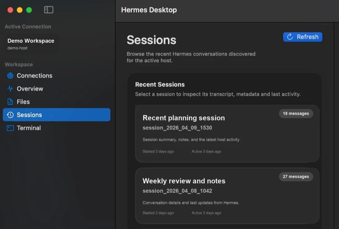 QingQ77's tweet image. Hermes Desktop 是一个原生 macOS 应用，通过 SSH 直接连接远程主机上的 Hermes   工作流。

它不是浏览器包装器，也不依赖网关 API 或在本地镜像文件，而是保持远程 Hermes 主机为唯一真相源。提供内嵌    SSH 终端、会话浏览。

github.com/dodo-reach/her…