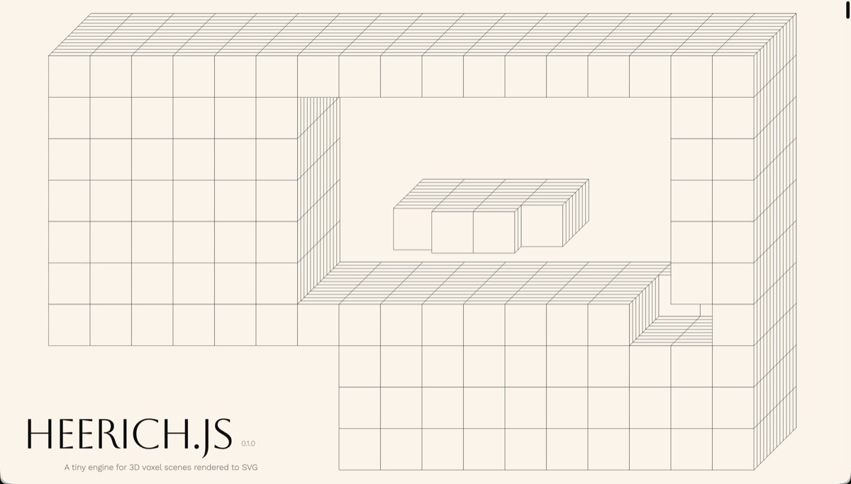 CamilleRoux's tweet image. heerich.js : un moteur JS minimaliste pour construire des scènes 3D en voxels et les exporter en SVG. Boolean ops, caméras oblique/perspective, zéro dépendance. Inspiré des sculptures en carton d'Erwin Heerich. 
meodai.github.io/heerich