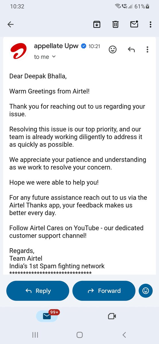 dpchoreographer's tweet photo. Day 5 and @Airtel_Presence is just sending automated bot replies! (Req: 11027946355).I’ve received the SAME template twice while Wi-Fi is still https://t.co/wjTWZo72RX classes are stalled. Is anyone actually working there? @DoT_India @TRAI @ConsumerCourtIN https://t.co/UyE2DUeG6h
