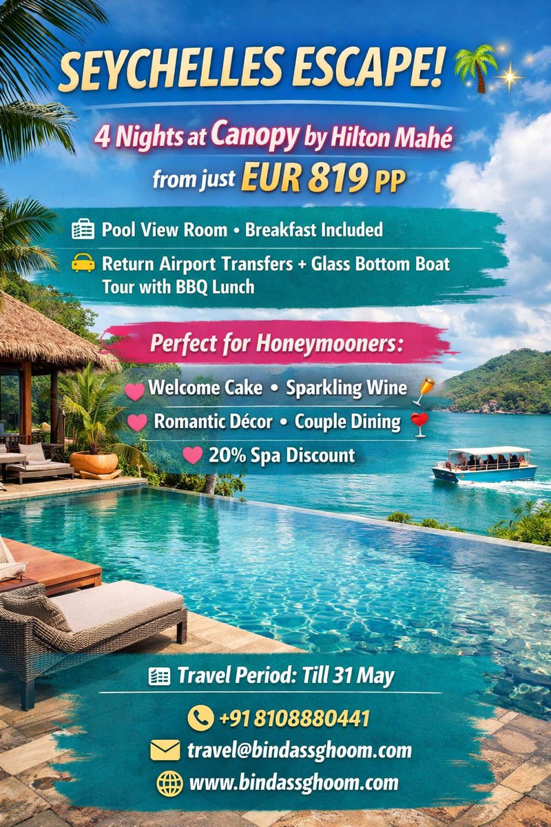 bindass_ghoom's tweet photo. 🌴✨ Escape to paradise!
4 Nights at Canopy by Hilton Mahé from just EUR 819 PP 💙

Perfect for honeymooners 💖🥂
📅 Travel till 31 May

📞 +91 8108880441
#Seychelles #LuxuryTravel #HoneymoonGetaway #BindassGhoom #TravelDeals https://t.co/kVYp6PdqBW