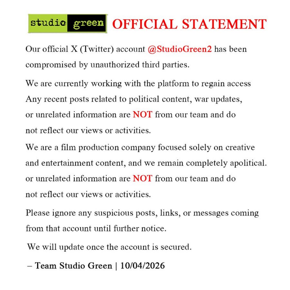 SouthTracker's tweet image. Team #StudioGreen official statement. 

Account was Temporarily hacked, team is working to reactive it.

@StudioGreen