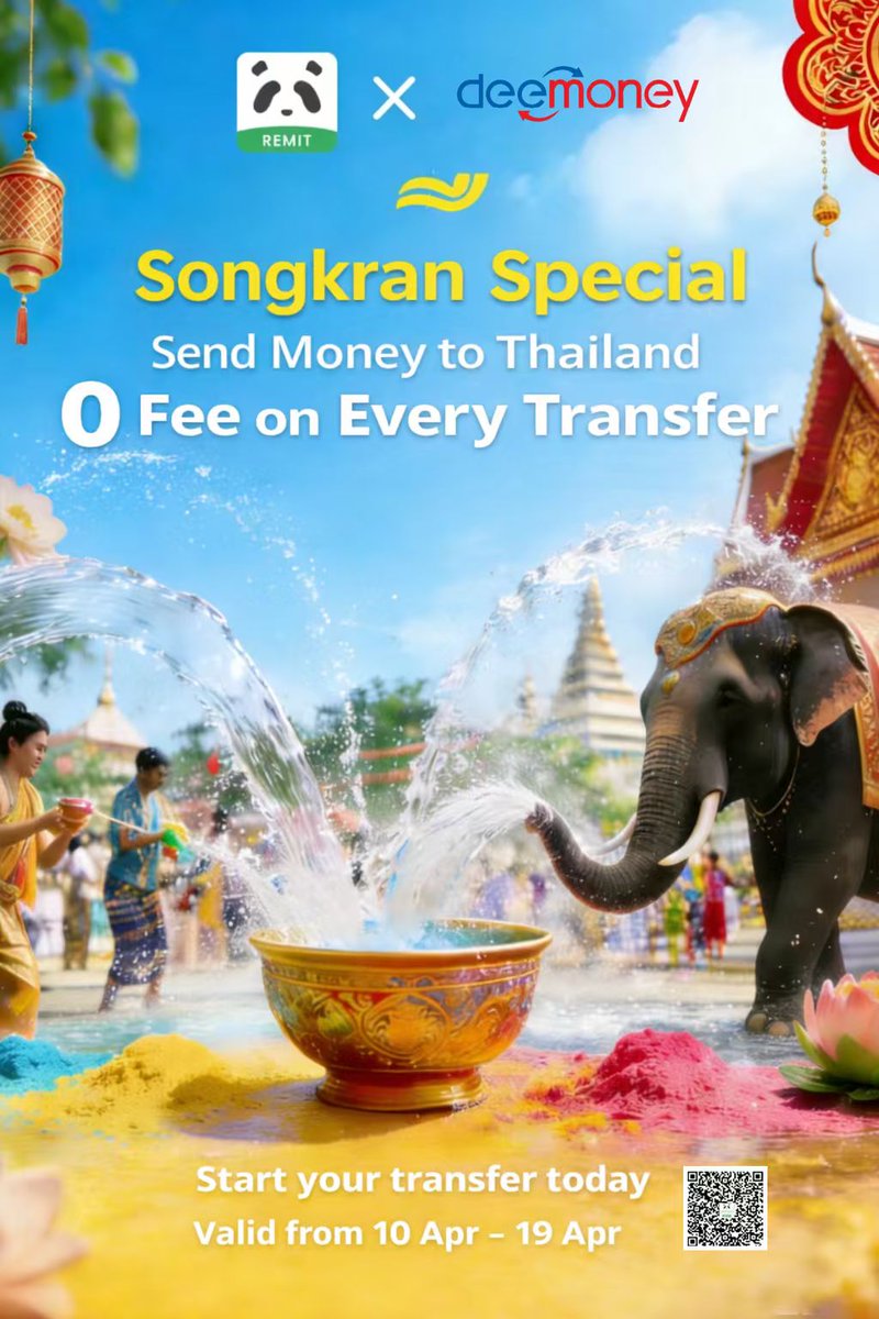 remit_panda's tweet image. 🎉 Celebrate Songkran with Panda Remit &amp;amp; DeeMoney! 🎉
💦 Panda Remit offers 0 fees on every transfer to Thailand this Songkran!

🚀 Start your transfer today!
📅 Valid from 10 Apr – 19 Apr 2026

🔗 pandaremit.com/localRemit?inv…

#Pandaremit #songkranfestival #moneytransfer