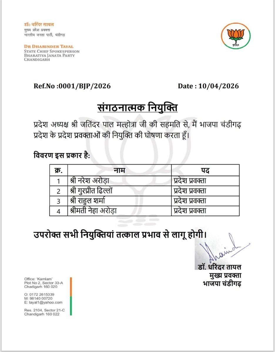 BJP4Chandigarh's tweet photo. 📢 संगठनात्मक नियुक्ति | भाजपा चंडीगढ़
भारतीय जनता पार्टी, चंडीगढ़ में संगठन को और सशक्त बनाने की दिशा में महत्वपूर्ण कदम उठाते हुए, प्रदेश अध्यक्ष श्री जितेंद्र पाल मल्होत्रा जी की सहमति से प्रदेश प्रवक्ताओं की नियुक्ति की घोषणा मुख्य प्रदेश प्रवक्ता डॉ. धरिंदर तायल जी द्वारा की गई है।
✨ नवनियुक्त प्रदेश प्रवक्ता:                 🔹 श्री नरेश अरोड़ा
🔹 श्री गुरप्रीत ढिल्लों
🔹 श्री राहुल शर्मा
🔹 श्रीमती नेहा अरोड़ा
इन सभी नियुक्तियों का प्रभाव तत्काल से लागू होगा।
हम सभी नवनियुक्त पदाधिकारियों को हार्दिक बधाई एवं शुभकामनाएं देते हैं। विश्वास है कि आप संगठन की विचारधारा को मजबूती से जन-जन तक पहुँचाएंगे और पार्टी को नई ऊंचाइयों तक ले जाएंगे।
#BJPChandigarh #OrganizationalStrength #Chandigarh