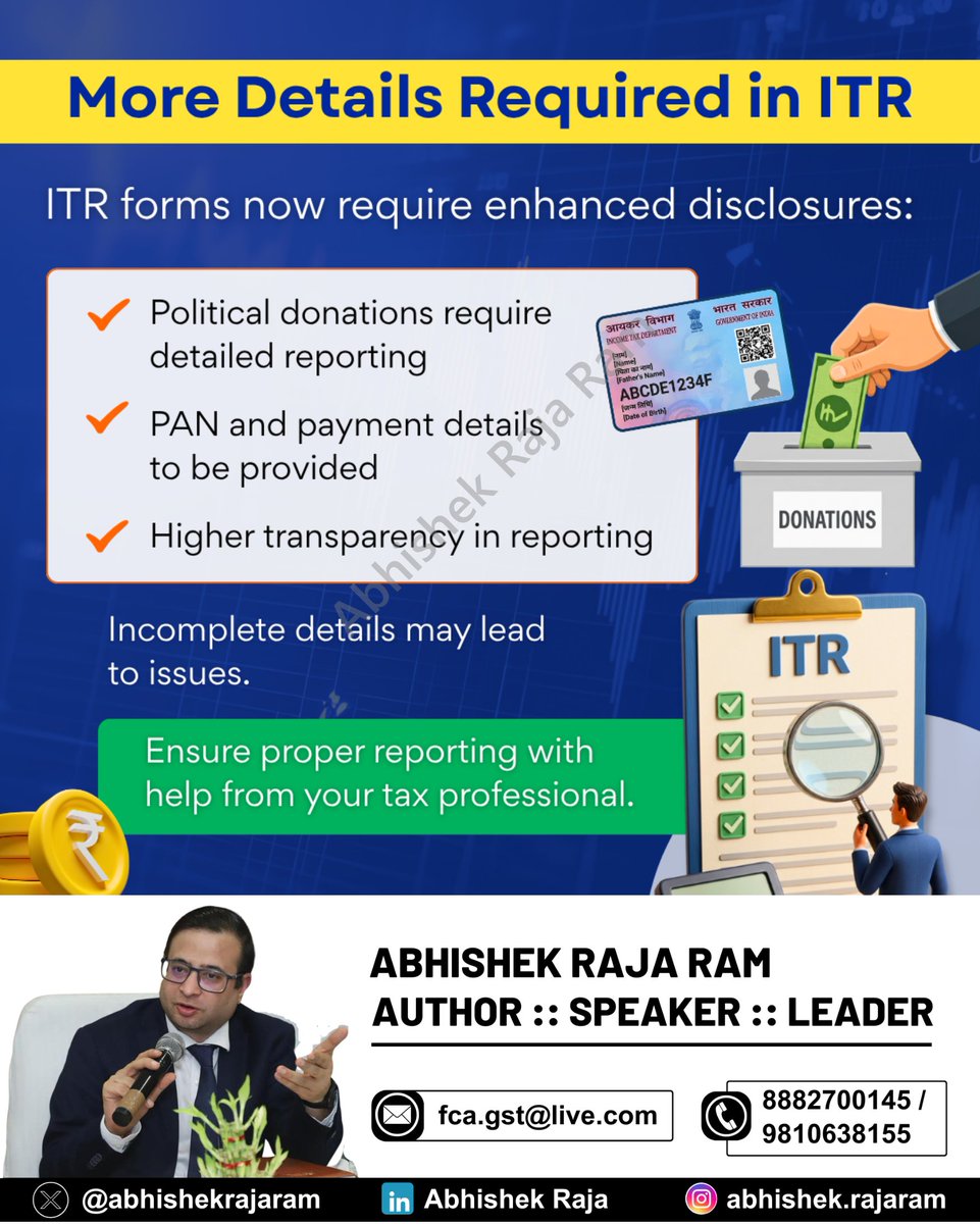 abhishekrajaram's tweet image. ITR forms now require detailed disclosure of political donations, PAN, and payment details, ensuring higher transparency. Incomplete reporting may trigger issues, making accurate and complete compliance essential.
#IncomeTax #ITR #Compliance

👉 Stay updated on GST—join our
