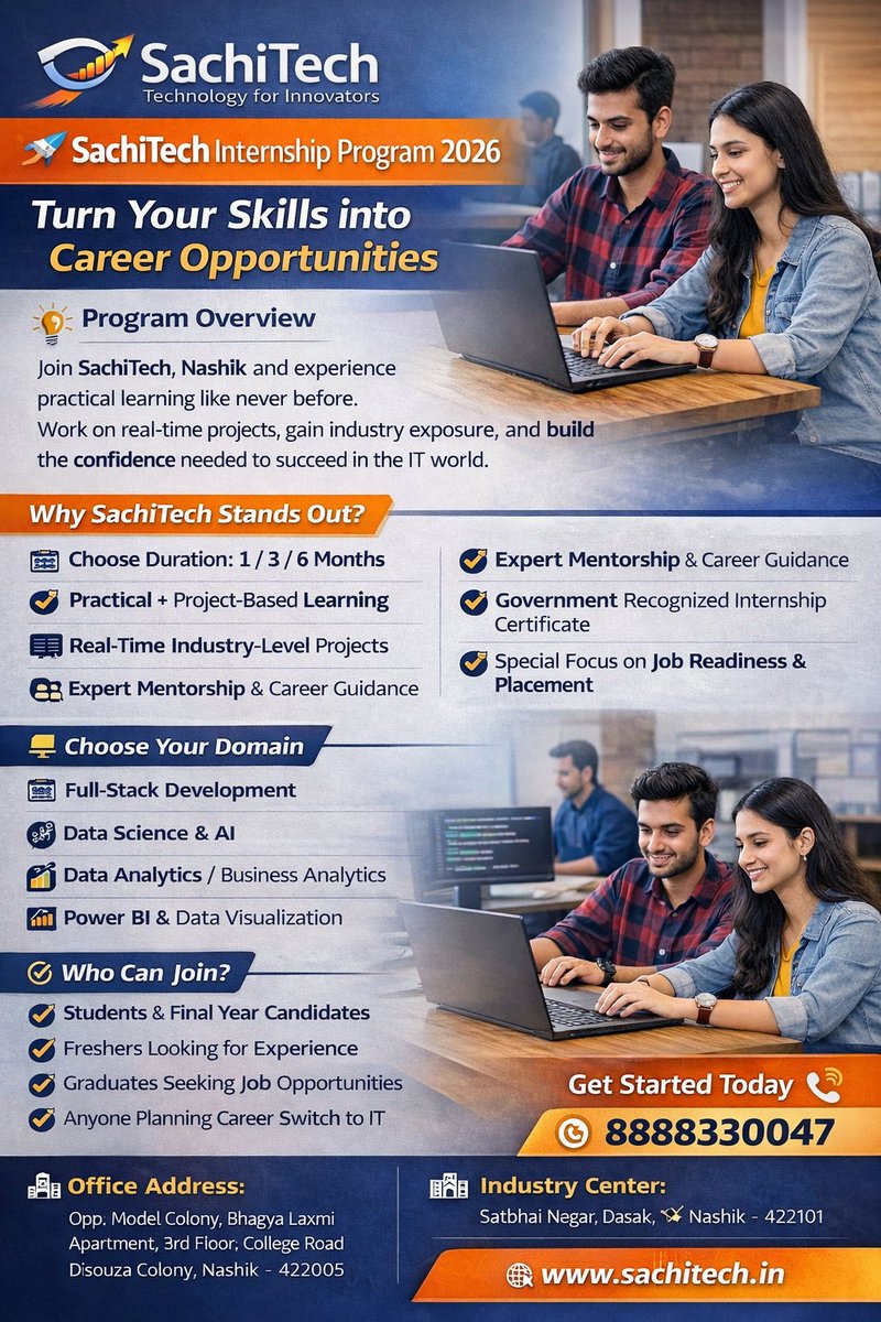 SachiTech_'s tweet photo. 🚀 SachiTech Internship Program 2026 – Build Skills That Get You Hired
At SachiTech, Nashik, we don’t just teach — we train you for real industry work. Gain hands-on experience, work on live projects, and become job-ready with confidence.
#sachitech #nashik https://t.co/WnvS18bate