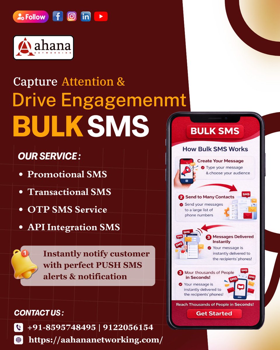 AahnaNetworking's tweet photo. Reach your audience instantly with Bulk SMS 🚀
Fast, reliable &amp; perfect for promotions, alerts &amp; updates.
Grow smarter with Aahana Networking.
📞 +91-8595748495 / +91-9122056154
🌍 https://t.co/yj4WHTBeJS
#BulkSMS #SMSMarketing #DigitalMarketing #BusinessGrowth #AahanaNetworking https://t.co/JvpTQJHBkO