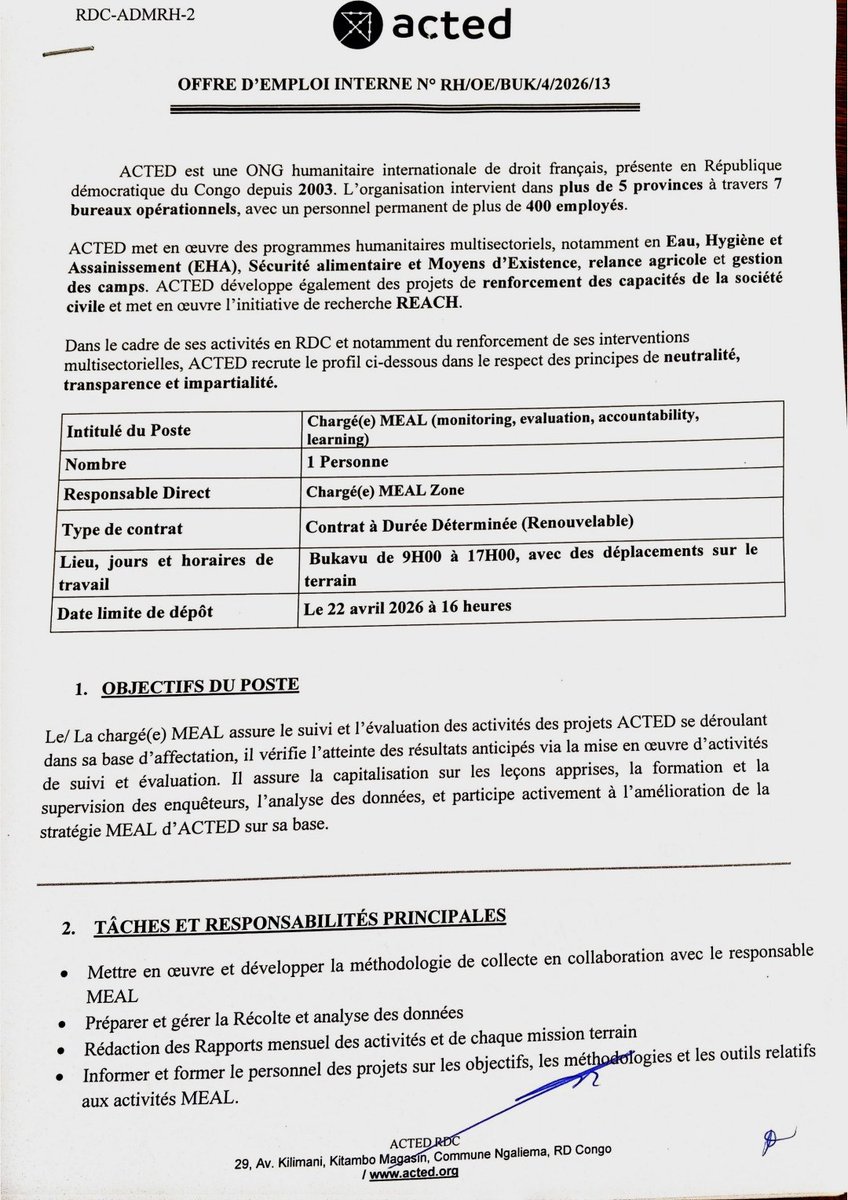 neutreolivier's tweet image. #Bukavu
#ACTED recrute Un Chargé MEAL.
Jettez un coup d'œil ici.