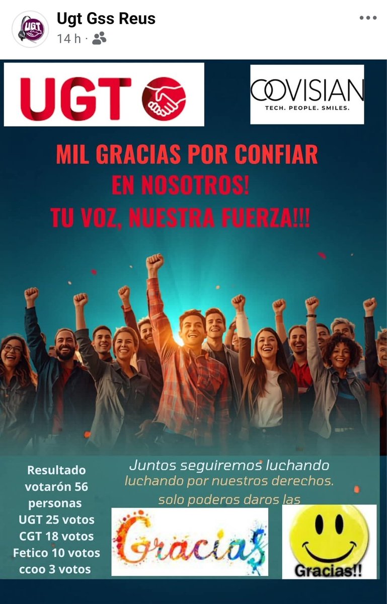 UGT_CCenter's tweet image. Enhorabuena a las compañeras y los compañeros de @covisian por ganar las elecciones sindicales en Reus.

Gracias a las personas trabajadoras por confiar en #UGT 

#Fesmc #contactcenter #elecciones