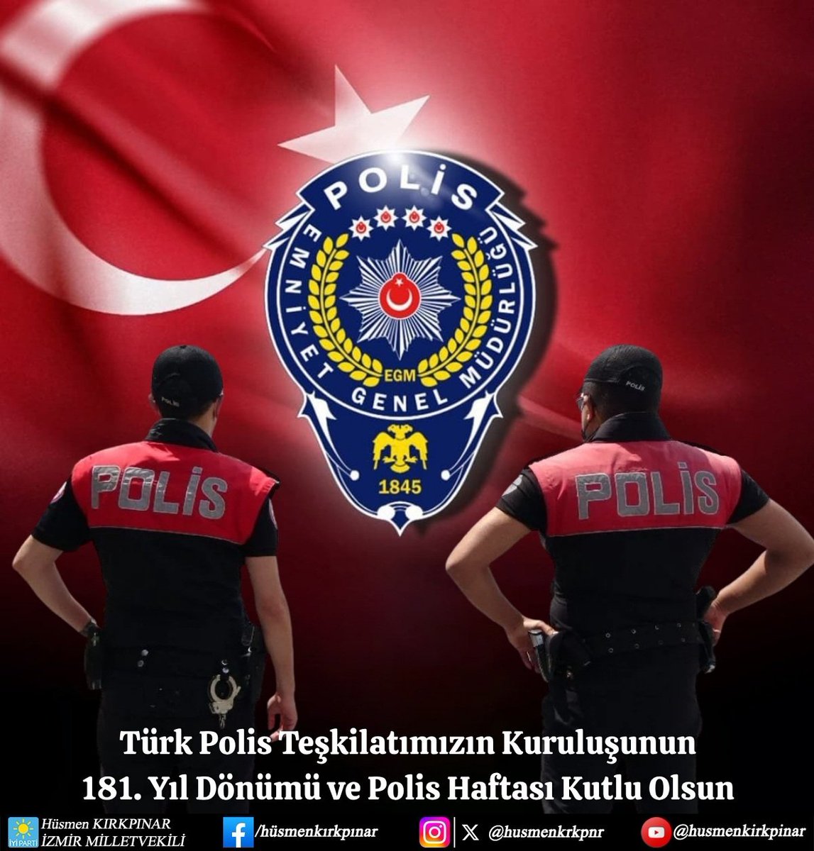 Milletimizin bölünmez bütünlüğünü ve kamu düzenini korumak, vatandaşlarımızın can ve mal güvenliğini sağlamak için gece gündüz demeden büyük bir fedakarlıkla görevini yerine getiren Türk Polis Teşkilatımızın kuruluşunun 181. yıl dönümünü ve #PolisHaftası’nı kutluyor, aziz