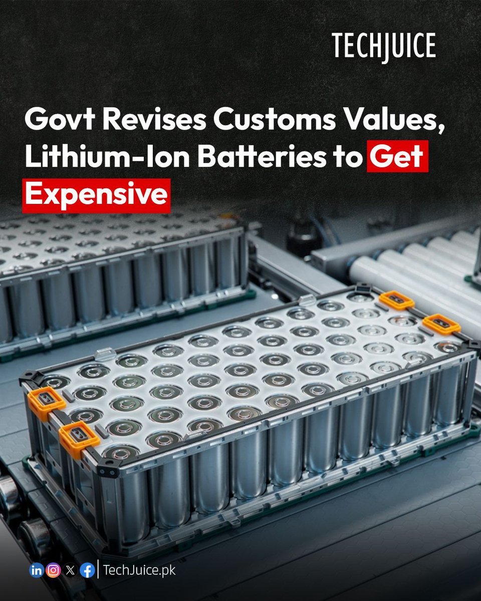 TechJuicePk's tweet image. Lithium-ion batteries to get expensive after customs revision.
The Directorate General of Customs Valuation has revised import values, with Lithium-ion battery pricing updated for the first time across all origins. 
#techjuice #pakistan #batteries #tech #economy