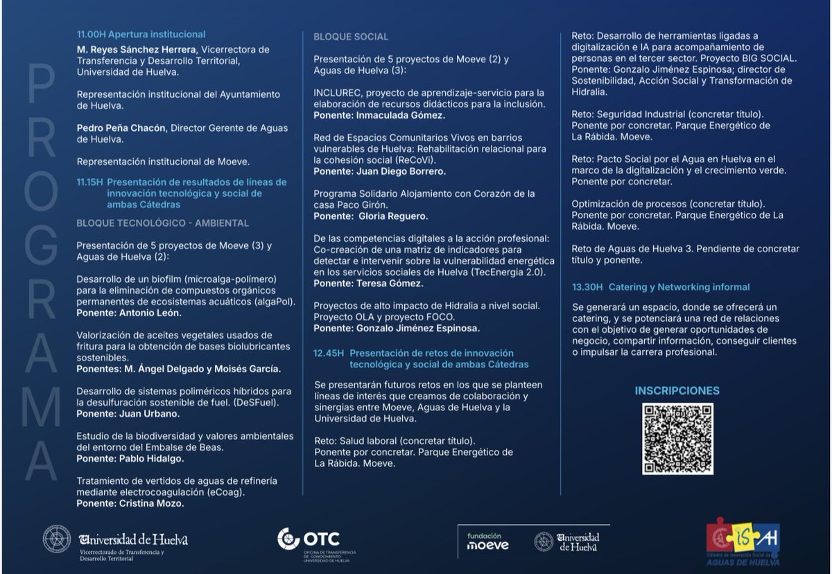 AguasDeHuelva's tweet photo. Conoce los proyectos de la Cátedra de la  Fundación Moeve y la Cátedra de Innovación Social de Aguas de Huelva, 
🗓 14 de abril
📍Facultad de Derecho. Campus del Carmen @UniHuelva 
Un espacio para compartir ideas. conocer proyectos, y unirte a ellos. 
¡Te esperamos!
#Innovación https://t.co/9OEvHz66Yr