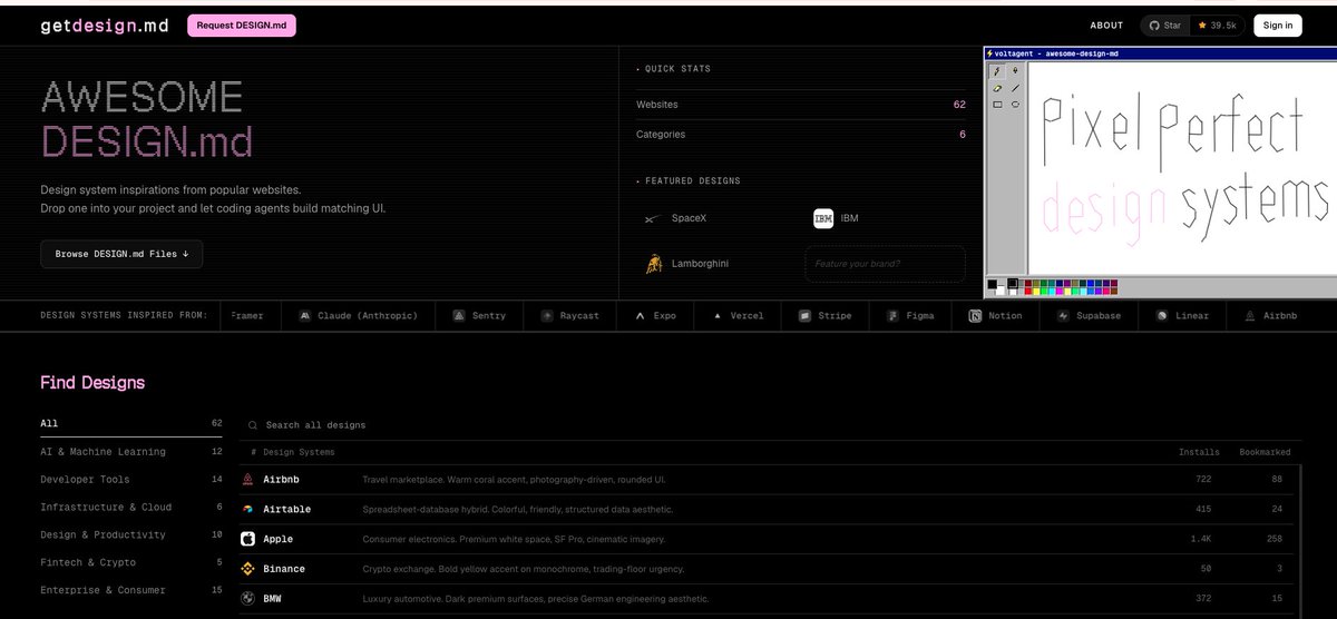 L_go_mrk's tweet image. 直近話題のDESIGN.mdを更に効率化させるサイトが爆速で作られてる。。。。

getdesign.md：
SpaceX、IBM、Lamborghini等62サイトのデザインシステムを、AIが読めるDESIGN.mdファイルとしてまとめたサイトです。

できること：
・62サイト×6カテゴリのデザインシステムが揃っている