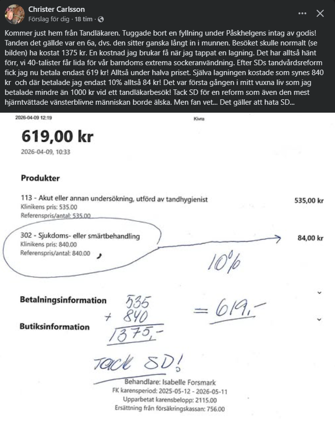 PontusPersson5's tweet photo. Medan Socialdemokraterna gjorde det billigt för illegala invandrare att gå till tandläkaren, prioriterar Sverigedemokraterna svenska pensionärer.

Fantastiskt att se vilken skillnad rätt politik kan göra. https://t.co/THJk5E6Ctb