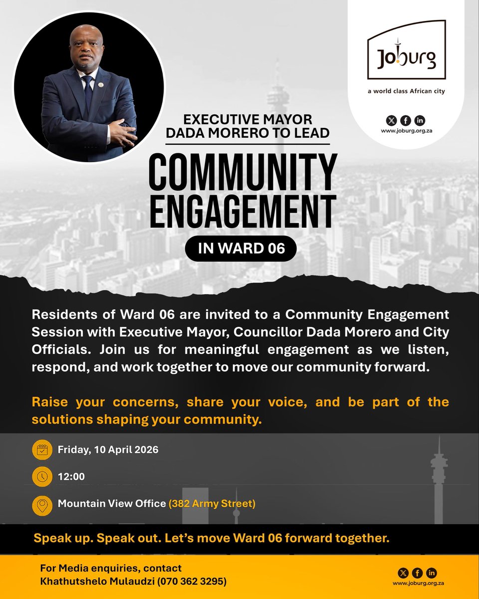 GautengANC's tweet image. Ward 06 residents are invited to a Community Engagement led by Executive Mayor Cllr Dada Morero.

📅 10 April 
⏰ 12:00
📍 Mountain View Office

Have your say. Be part of the solutions.
#ANCGPAtWork #CommunityEngagement