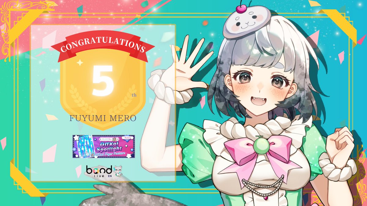 【👑Award Announcement👑】
We are proud to announce that our talents have achieved the Top 50 ranking that was needed to appear on the Offkai Flyer! A huge congratulations to Fuyumi Mero (<a href="/fuyumimero/">Fuyumi Mero 🍈🎀 冬海めろ 【bondliveEN】</a> ) for 5️⃣th place!
🥳🎉