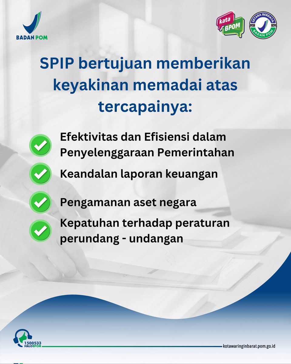 bpomkobar's tweet photo. SPIP adalah sistem pengawasan internal untuk memastikan proses pemerintahan berjalan efektif, akuntabel, dan sesuai peraturan.

Melalui pengendalian intern yang kuat, BPOM berkomitmen menjaga kinerja, keandalan laporan, serta pengamanan aset negara. https://t.co/bRMJ5BNV6L